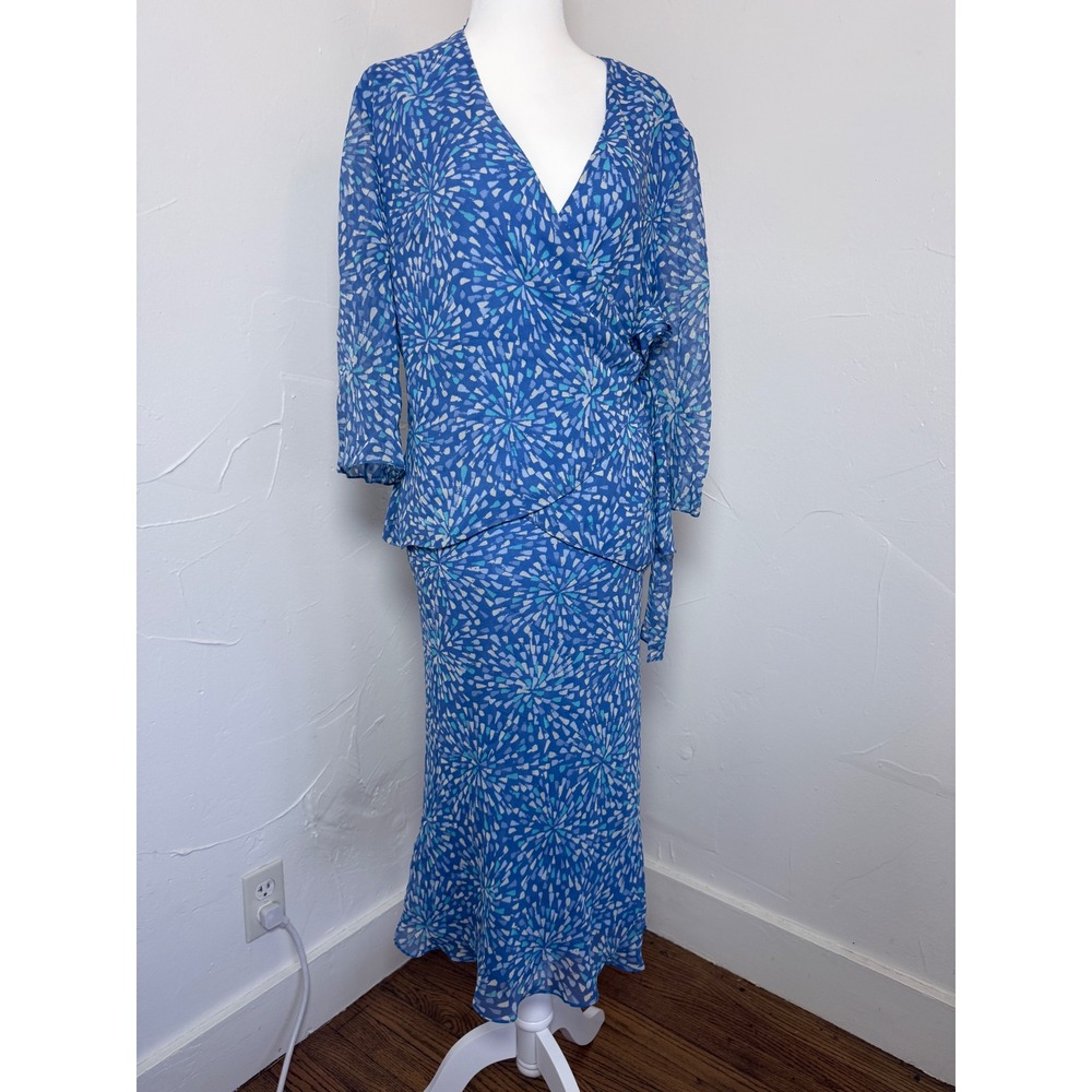 Adrianna Papell 14 Blue 100% Silk Wrap Top Maxi Skirt 2 Piece Set